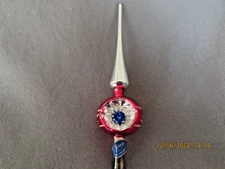 VINTAGE CZECH MERCURY GLASS RED & SILVER TREE TOPPER W/INDENT-BLUE & SILVER LABE