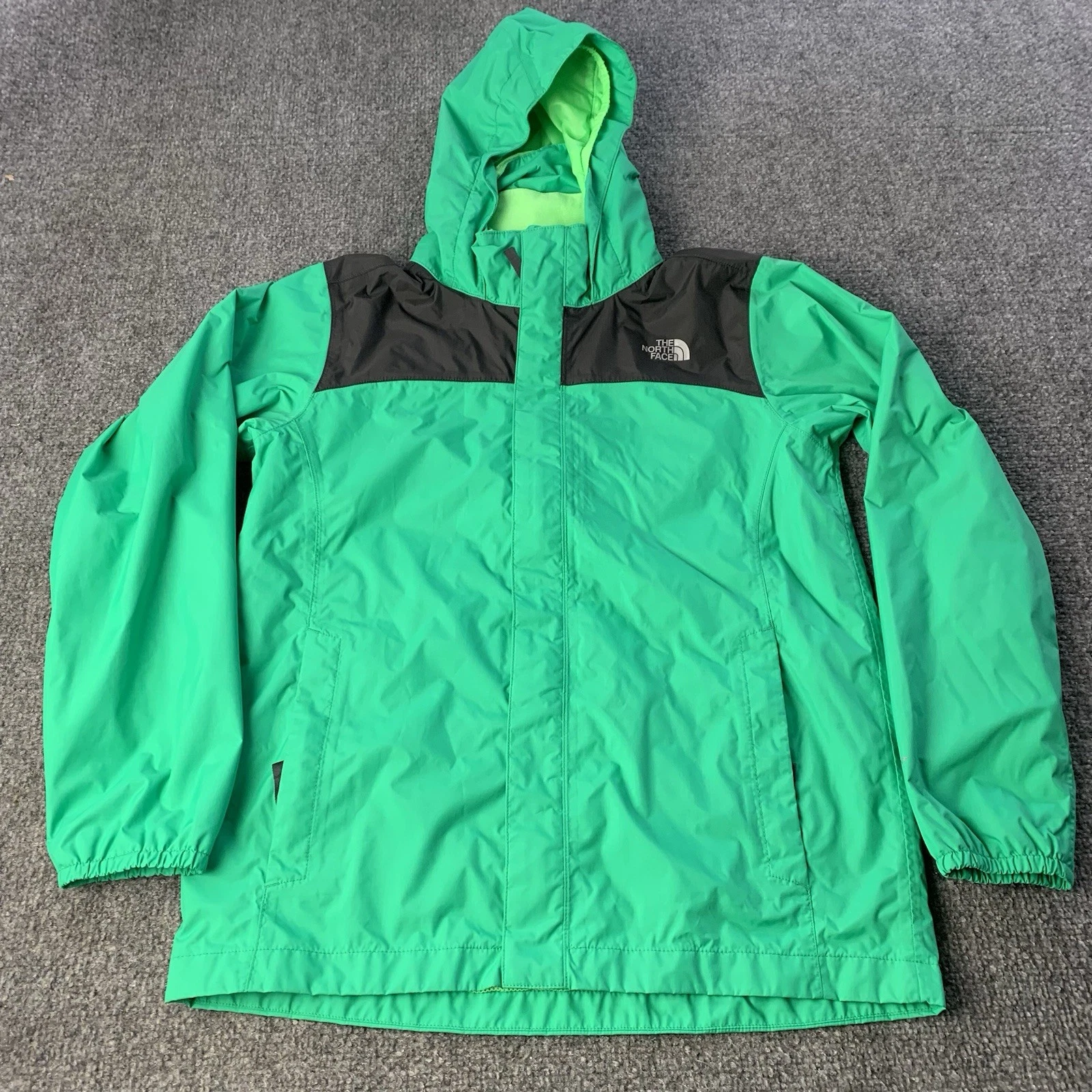The North Face Rain Jacket Boys Youth Large Green Black Hooded Full Zip Dryvent