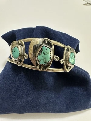 Vintage Navajo Green Turquoise Sterling Cuff Bracelet Signed JH - Image 1 of 4