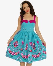 Modcloth Lindy Bop Saskia Teal Folk Art Roses Floral Dress Sz US 16 UK 20