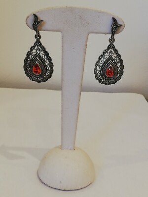 Boucles D'oreilles Anciennes En Argent 925 Avec Marcassite Et Pierre Rouge à Identifier - Occasion Excellent état