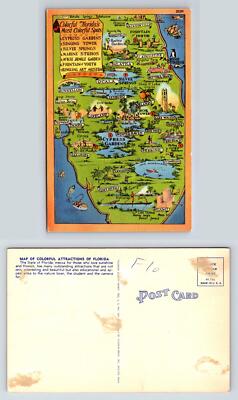 Florida Attractions Postcard Colorful Map Cypress Gardens Singing Tower Studio