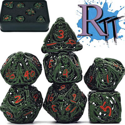 Hollow Green Red Metal Skull Skeleton DND Dice Set Polyhedral Dungeons Dragons
