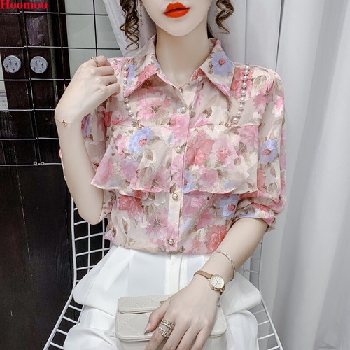 Korean Women Floral Chiffon Beaded Ruffle Summer Boho Tunic Shirts Tops Blouse - Picture 4 of 12