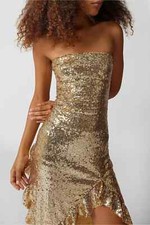 Urban Outfitters Stella Sequin Strapless Midi Dress S Gold Metallic asymmetrical