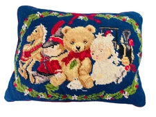 VTG WOOL Needlepoint PILLOW CHRISTMAS HOLIDAY TEDDY BEAR Rocking Horse Doll 14"