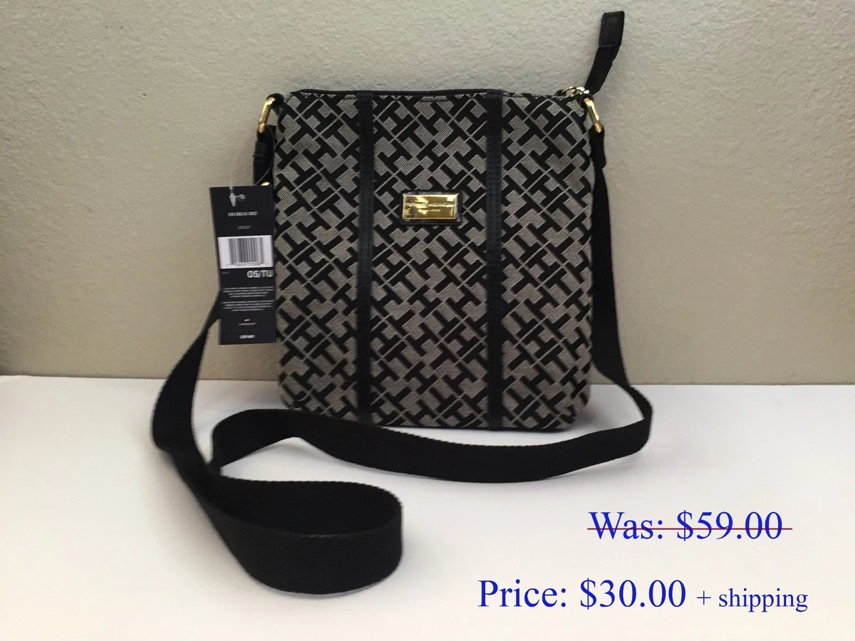 TOMMY HILFIGER BLACK GRAY LOGO PRINT CROSSBODY MESSENGER STYLE HANDBAG PURSE
