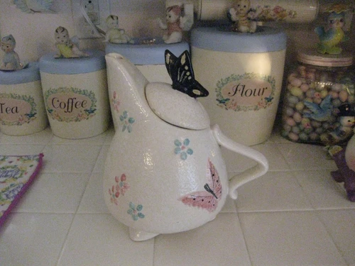 Beautiful Vintage Hull Art Pottery With Blue And Pink Butterfly Teapot