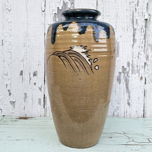 Seto Ware Japanischer Falke und Welle emailliertes Steinzeug mit blauer Tropfglasur Vase - Bild 7 von 22