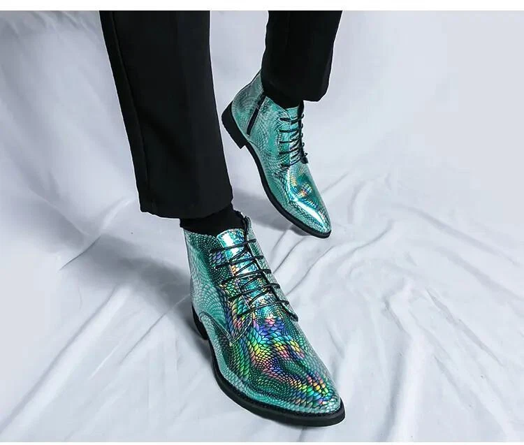 Botas al tobillo británicas para hombre con punta con cordones y cremallera zapatos informales florales de club nocturno Foto 4 de 4