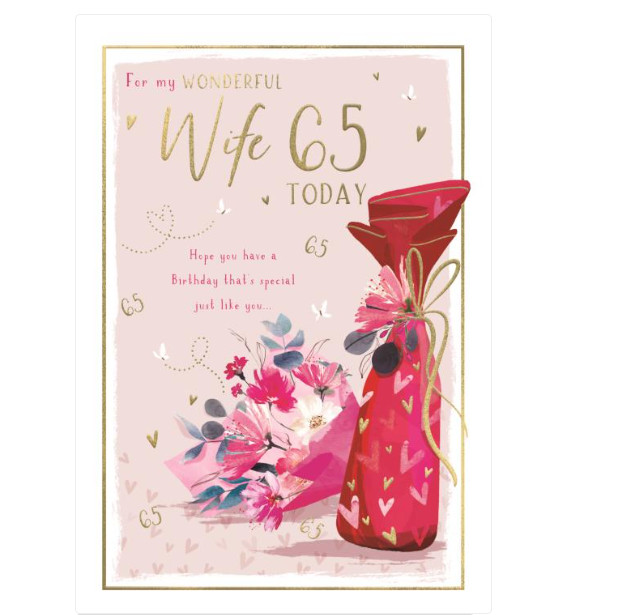 Birthday Card WIFE 65th 65. 9"" Card *Foil embossing, and paper pages inside*.