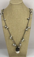 Large Faux Pearl Pendant Dangles Stations Antiqued Silver tone 21" Long