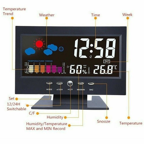 Digital Alarm Clock Snooze Calendar Thermometer Hygrometer Weather Display - Picture 14 of 16