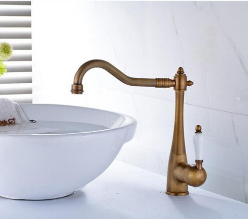 Grifo mezclador de caño giratorio de latón antiguo montado en cubierta para baño cocina - Imagen 3 de 7