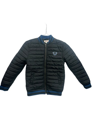 True Religion Boy’s Black Blue Zip Up Logo Puffer Bomber Jacket Size Small