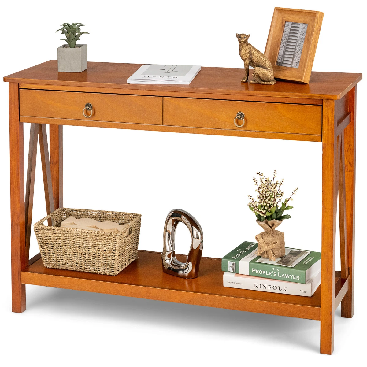 3-Tier Console Table with a Large Slide Drawer and Storage Shelves - Costway