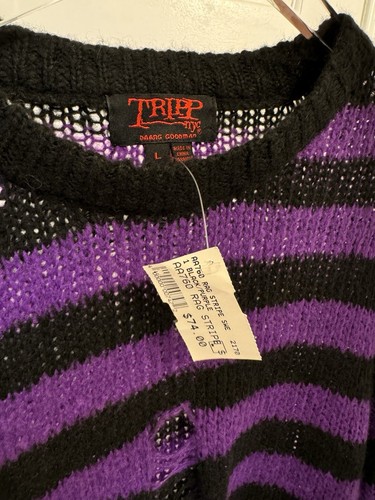 Tripp NYC Large Black Purple Rag Striped Sweater Distressed Punk - Picture 4 of 5