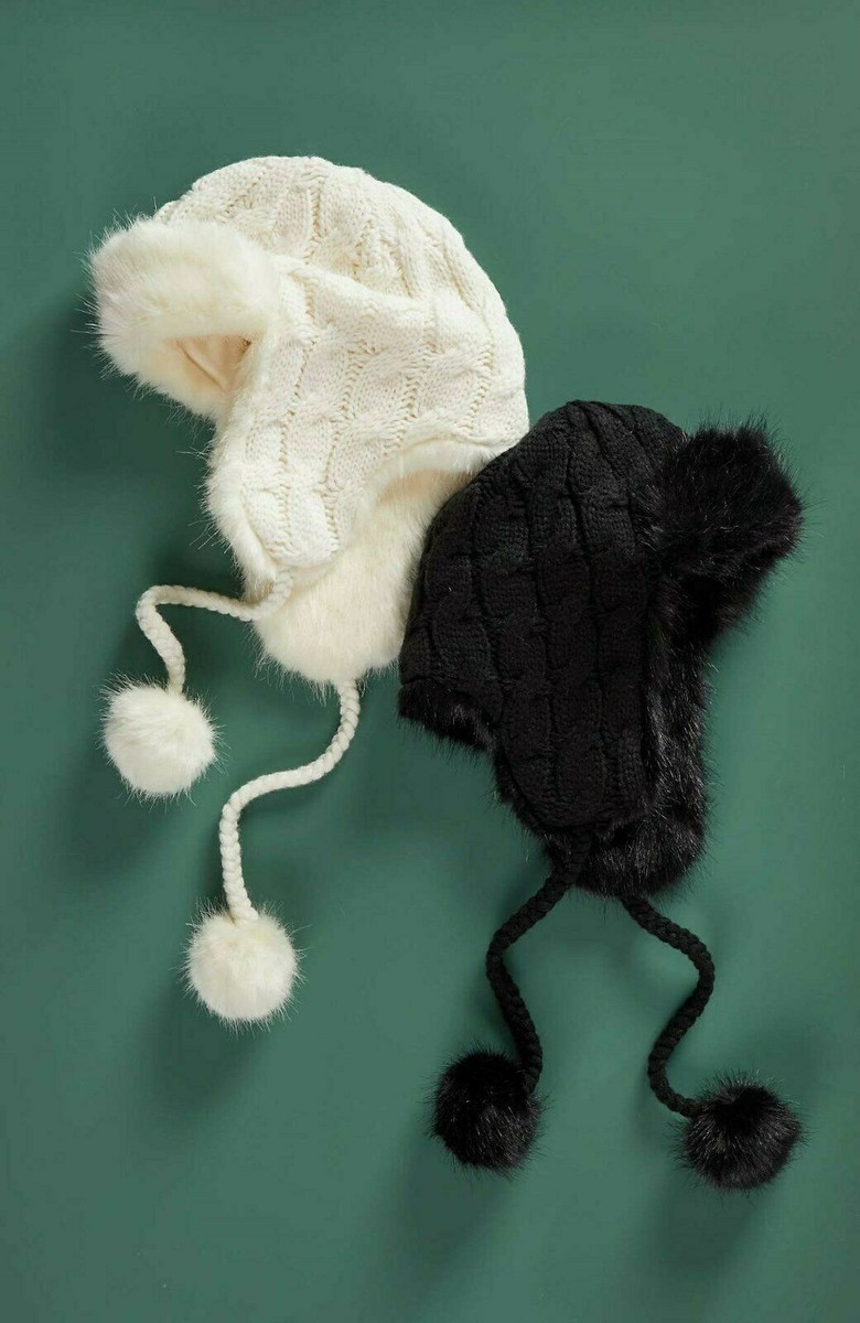 NWOT NEW J Jill Cozy Cable Knit Trapper Hat Faux Fur Lined Braided Ties Pom Poms Womens Bright Green Fleece Lined Cable Knit Trapper Hat  main image 4