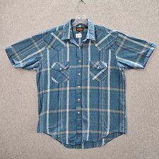 VINTAGE Western Fashions Men Button Up Shirt L Blue Plaid Pearl Snap