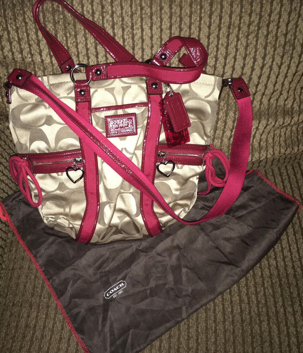 Coach Poppy Signature C Satchel Tote Bag Khaki With Red Coach Poppy Signature C Satchel Tote Bag Khaki With Red
