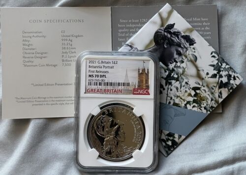2021 2PD GREAT BRITAIN 1OZ SILVER.999 BRITANNIA PORTRAIT NGC MS70 DPL FR Box&COA