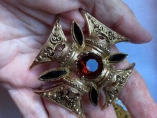 Vintage Fabulous Large Gold Tone Gem-set FLORENZA Maltese Cross Pendant