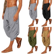 Mens Cotton Linen 3/4 Harem Pants Casual Baggy Loose Yoga Hippie Beach Trousers