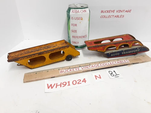 Vintage Marx Tin 455 Auto Transport Trailer + Yellow Tin Transport Trailer