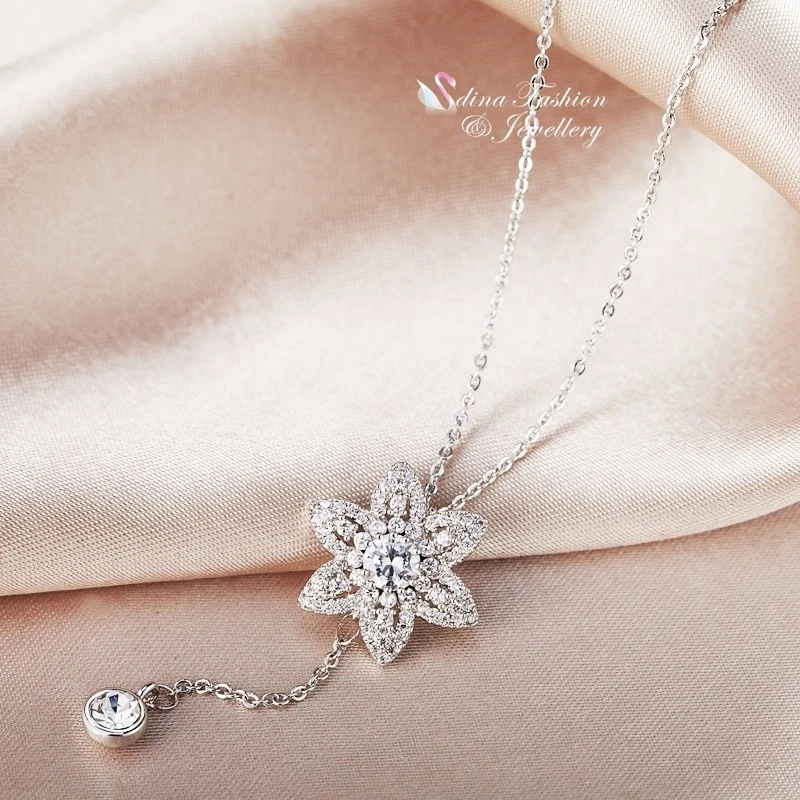 18K White Gold Filled AAA Grade Cubic Zirconia  Flower Bloom Lariat Necklace Foto 3 de 4
