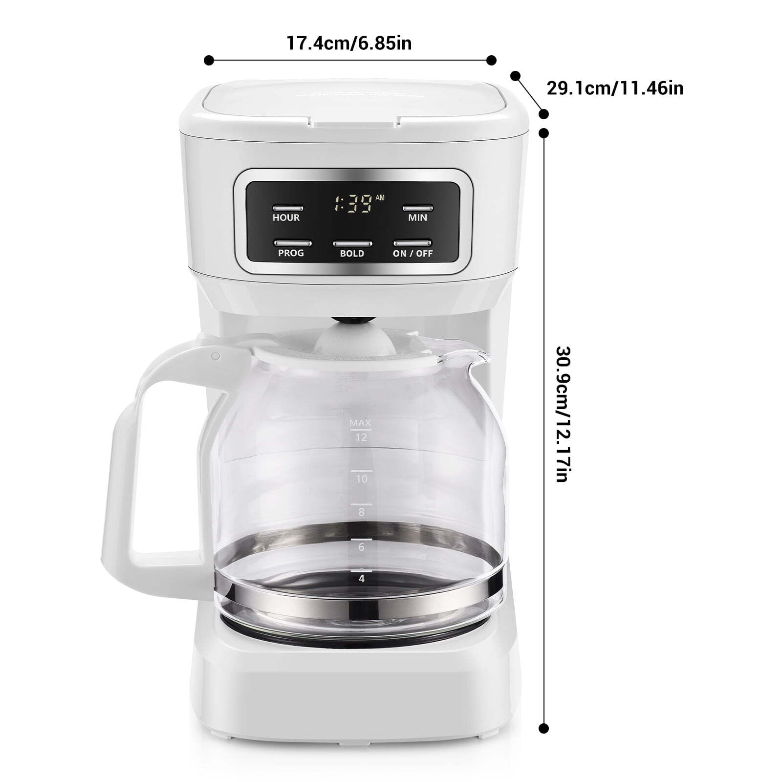 Compact 12 Cup Programmable Coffee Maker w/LED Display Clock White for Home US
