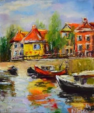 Waterfront Village – 7x6 Original Painting, Colorful Houses, Impressionist Art