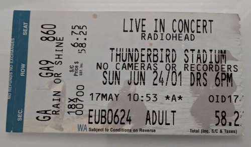 RADIOHEAD Concert Ticket Stub 24th June 2001, Thunderbird Stadium Vancouver