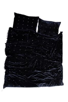 Schwarze Samtdecke, handgenähte handgefertigte Steppdecken mit Sternen.