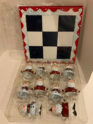 Vintage Home Interiors Christmas SNOWMAN & SANTA Metal ornaments & chess board 