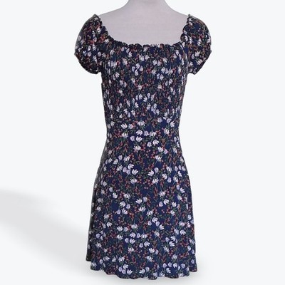 Miami Francesca's Remi E6 Navy Floral Smocked Puff Sleeve Mini Dress XXS