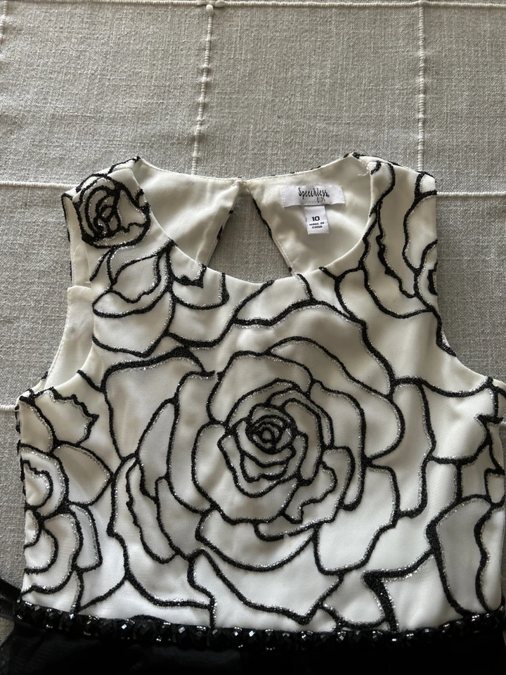 Kids Black and White Floral Dress with Sheer Overlay with Seed Bead Accents - Image 2 of 4
