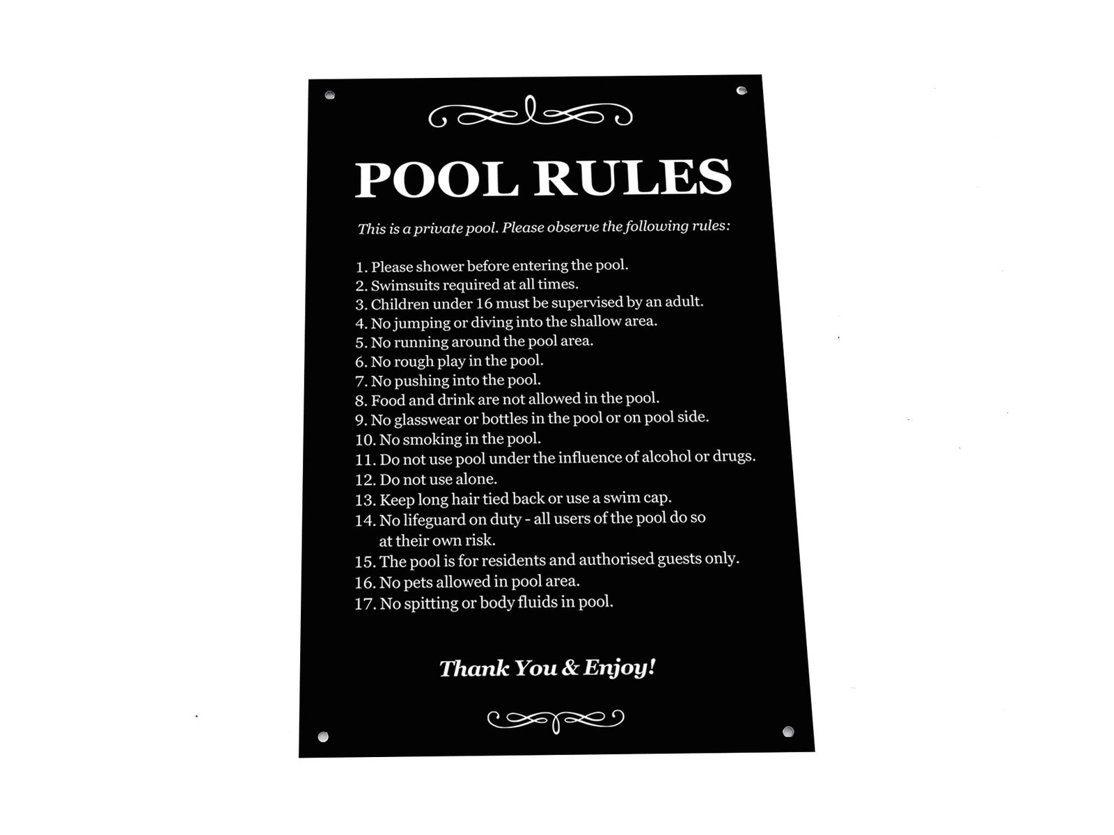 Swimming Pool Rules Sign - Black & White ACM 290x195mm 4 Holes Outdoor