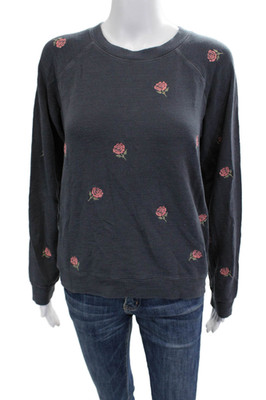Monrow Women Pullover Sweatshirt Dark Gray Floral Crew Neck Long Sleeve Size XS