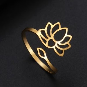 Authentic 18K Gold Plated Lotus Flower Adjustable Ring Women Bypass Band