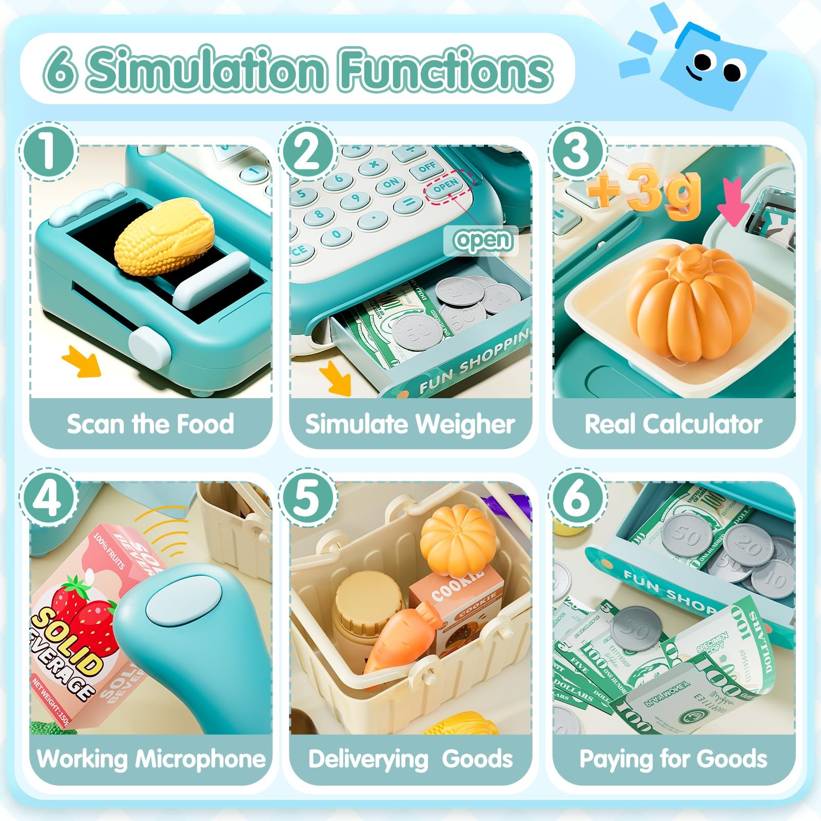 как выглядит STACTCUTE 49PCS Pretend Play Cash Register Toy Child-size/Miniature, Green фото