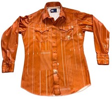 Vtg Panhandle Slim Retro Western Orange Pearl Snap Shirt Men's L Moon Geometric