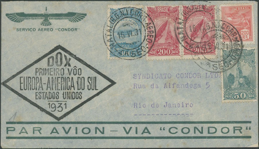 1931, BRAZIL, DORNIER DO-X PIONEER FLIGHT COVER FROM NATAL TO RIO DE JANEIRO