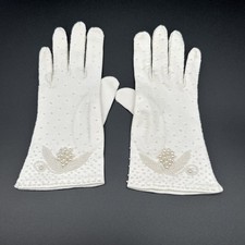 Vtg Womens Cotton Gloves Beaded Wrist Length Sz 7 White Faux Pearl Embellished