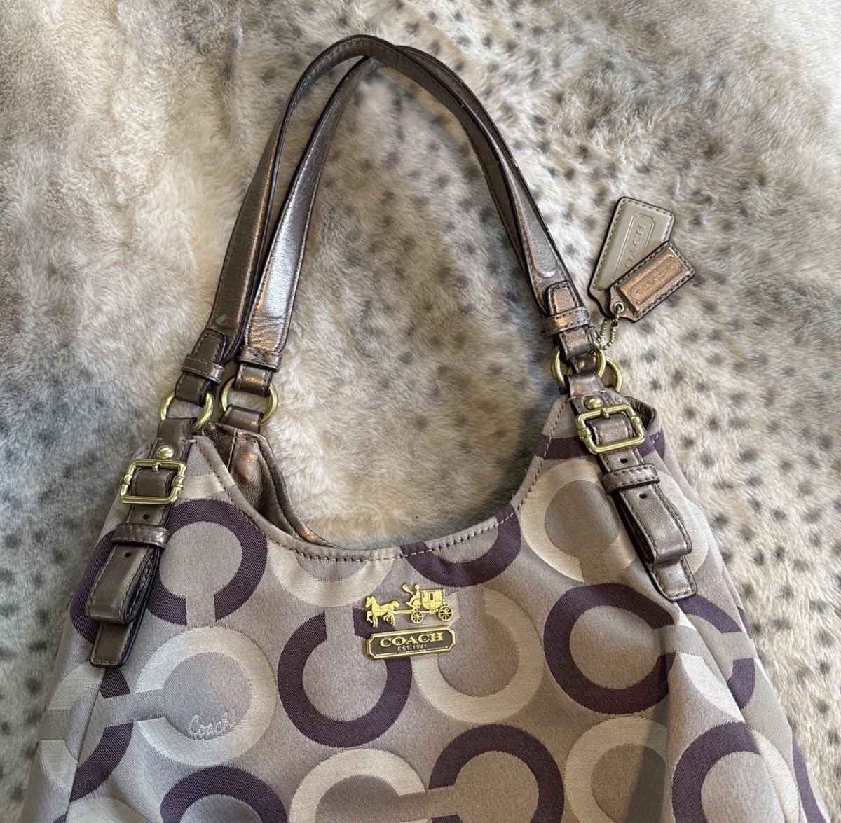 Coach Madison Signature Dotted OP Maggie Art Handbag Gray Purple