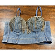 NWT Denim corset top with rhinestone fringe along sweetheart neckline. Size LG