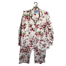 Nick Nora Womens Pajama Set Large Cotton Strawberry Heart Print Cream Red PJs