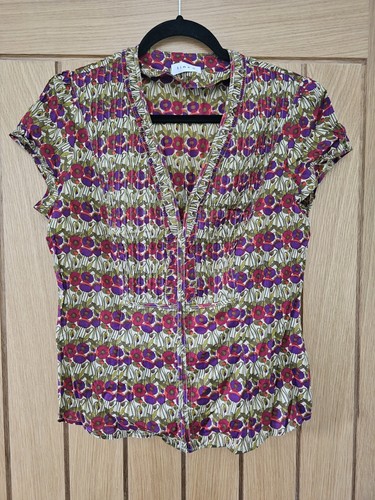 LINEA GREEN RED PURPLE POPPY PRINT FITTED SHIRT BLOUSE TOP UK 14 WORK CASUAL