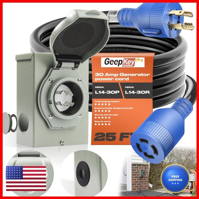 #ad Geepkeypro Generac 25Ft Generator Cord 30 Amp 125 250 Volt 7500 Watts L14 30P $193.96