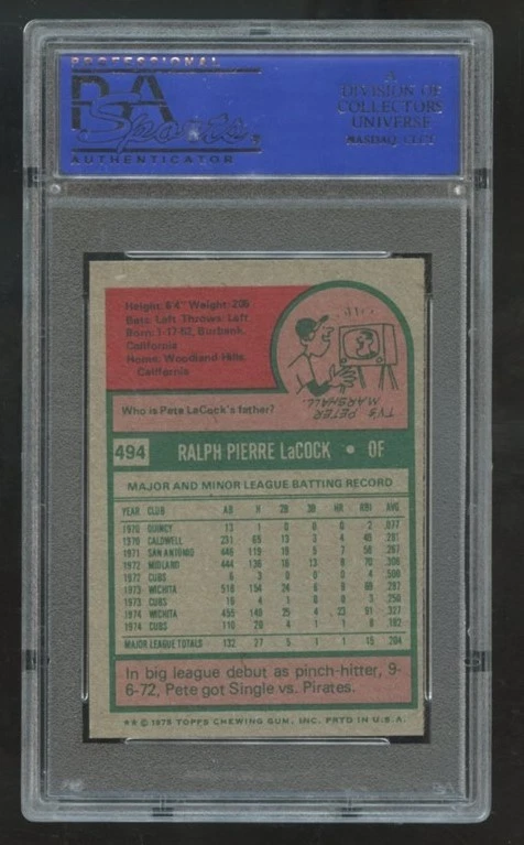 1975 Topps MINI #494 Pete LaCock Cubs PSA 8 NM-MT 8824 - Image 2 of 2