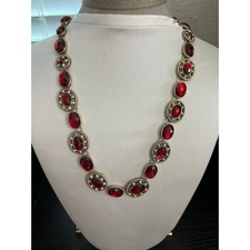 Vintage NAPIER Red Rhinestone Oval Station Necklace Gold Tone NWT Signed